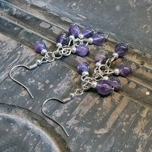 Handcrafted Amethyst Purple Gemstone Bead Dangle Silver Platinum Plated Earrings